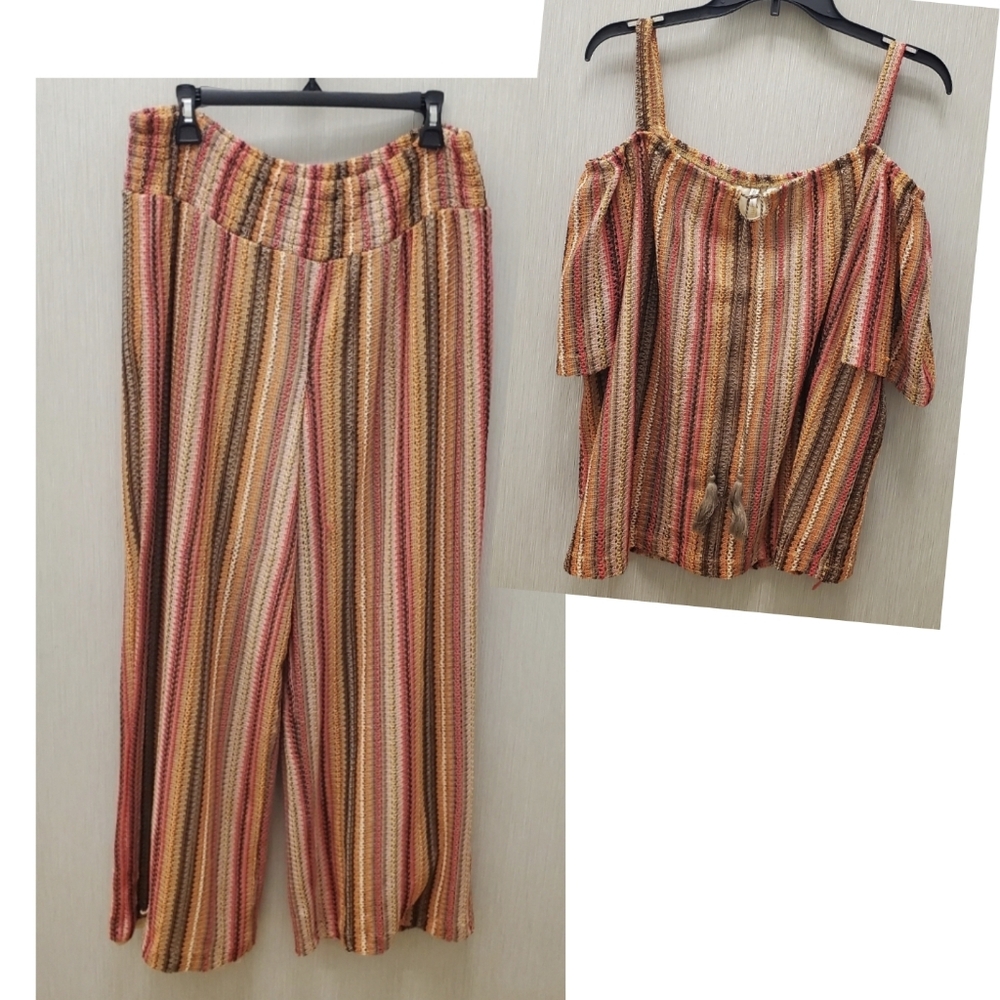 Striped Wide-Leg Pants & Off-Shoulder Top Set - Multi-Color